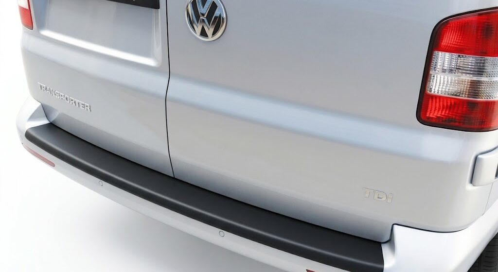 Rear bumper protector for VW Transporter T5, T6, and T6.1 (2003-2024) with Barn Doors, black anti-scratch guard.