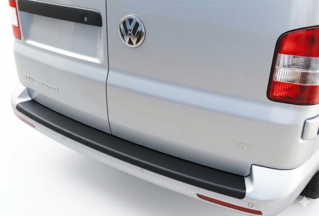 Rear bumper protector for VW Transporter T5, T6, and T6.1 (2003-2024) with Barn Doors, black anti-scratch guard.
